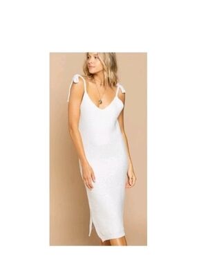 POL White Tie-Shoulder Knit Midi Dress
